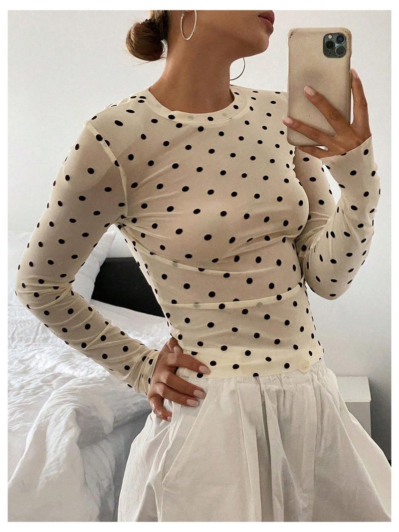 SHENHE Women's Polka Dots Sheer Mesh T Shirt Long Sleeve Round Neck Slim Fitted Streetwear Top Beige Small - Image 3