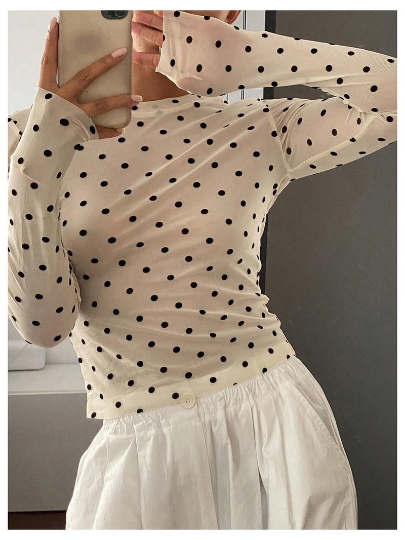 SHENHE Women's Polka Dots Sheer Mesh T Shirt Long Sleeve Round Neck Slim Fitted Streetwear Top Beige Small - Image 5