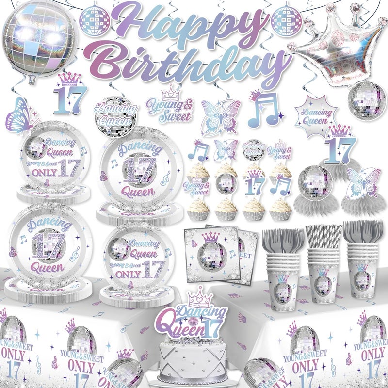 Yingoto 191 Pcs 17th Birthday Decorations for Girls, Dancing Queen Party Decorations Serves 25 - Banner, Tableware, Tablecloth, Cake Toppers, Foil Balloons - Silver 17 Birthday Decorations for Girls - Image 1