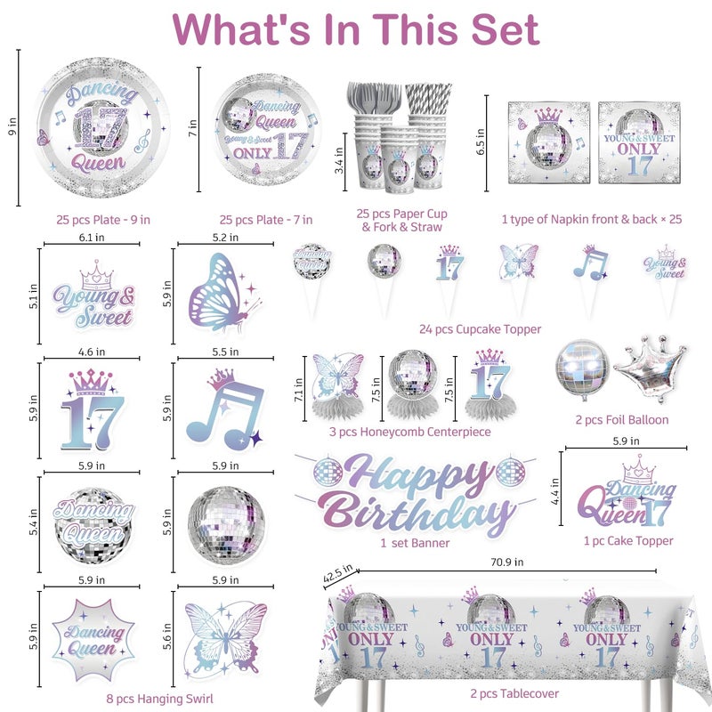 Yingoto 191 Pcs 17th Birthday Decorations for Girls, Dancing Queen Party Decorations Serves 25 - Banner, Tableware, Tablecloth, Cake Toppers, Foil Balloons - Silver 17 Birthday Decorations for Girls - Image 2
