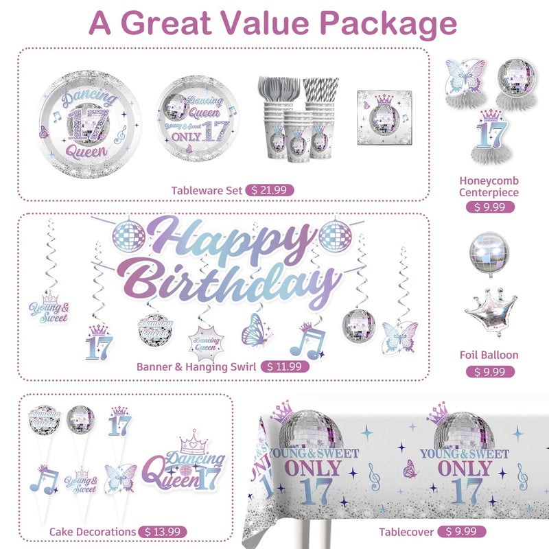 Yingoto 191 Pcs 17th Birthday Decorations for Girls, Dancing Queen Party Decorations Serves 25 - Banner, Tableware, Tablecloth, Cake Toppers, Foil Balloons - Silver 17 Birthday Decorations for Girls - Image 3