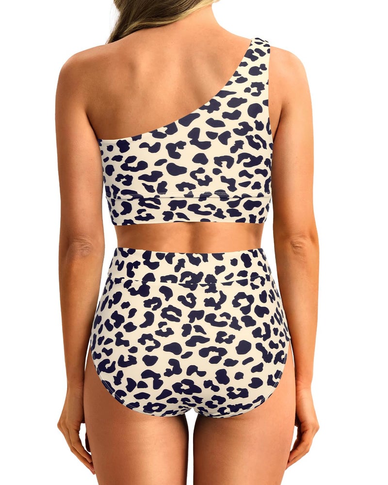 Holipick Leopard Women One Shoulder High Waisted Bikini Sets Two Piece Swimsuit Tummy Control Bathing Suit Full Coverage Swimwear L - Image 2