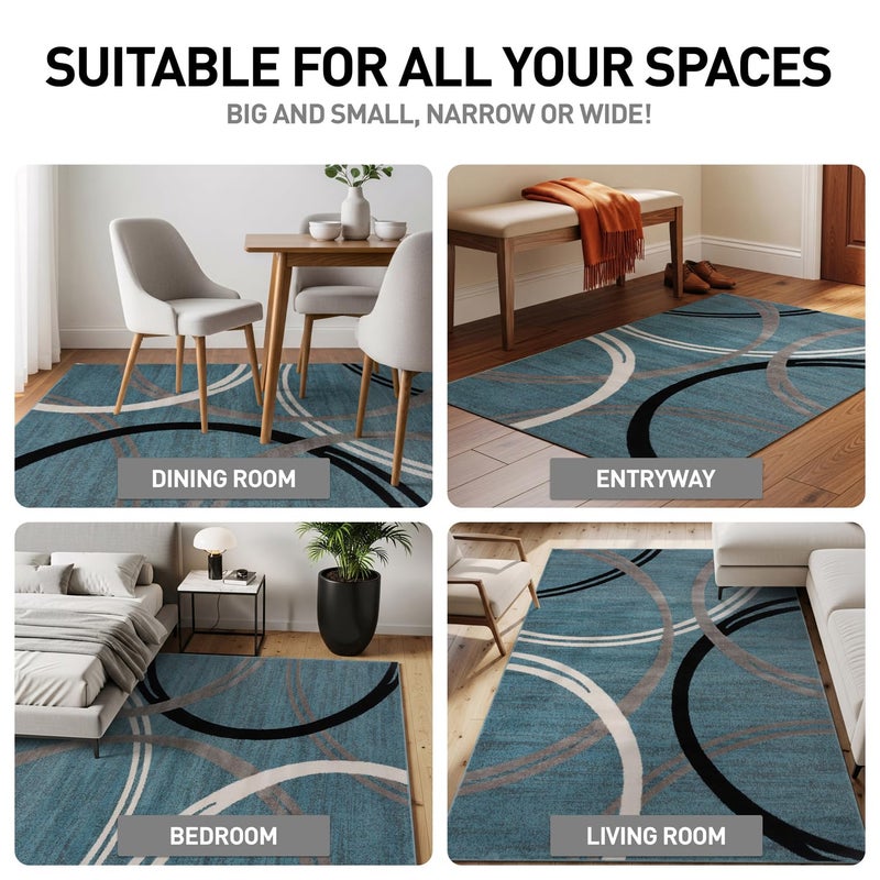 Rugshop Modern Wavy Circles Design Area Rug, Fade-Resistant Carpet for Living Room, Bedroom, or Office, Blue, 6'6" x 9' - Image 3