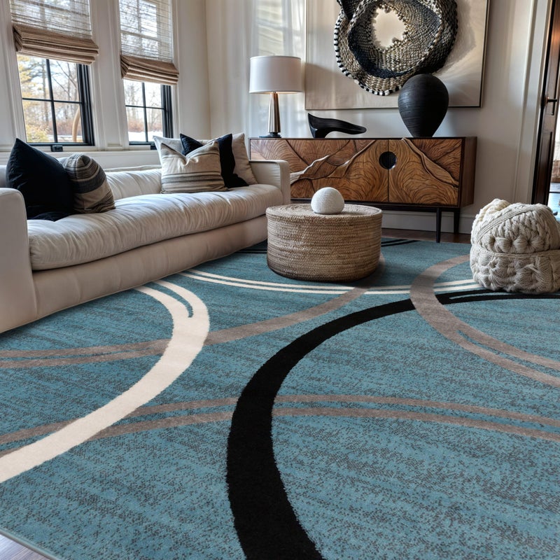 Rugshop Modern Wavy Circles Design Area Rug, Fade-Resistant Carpet for Living Room, Bedroom, or Office, Blue, 6'6" x 9' - Image 1