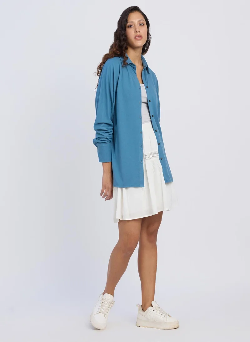 PINACOLADA  Women's Azure Blue Solid Oversized Shirt | نساء | أكمام طويلة | سادة | طوق منتشر | كاجوال كبير الحجم | قميص for Women | Best Price UAE