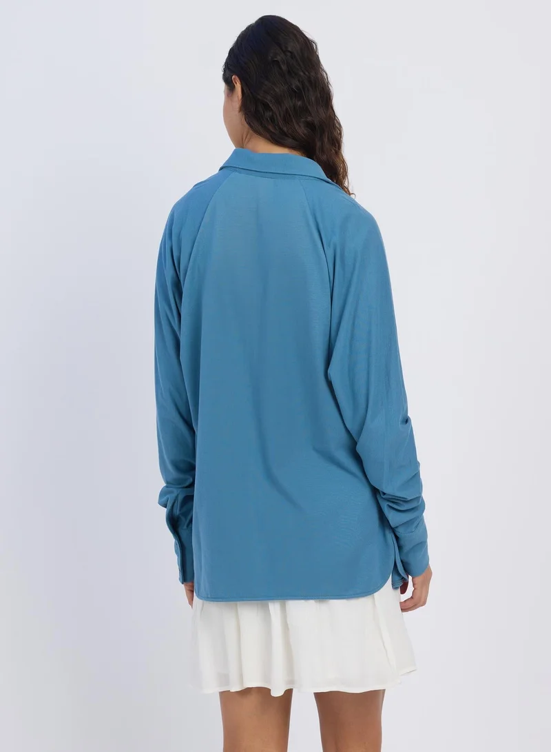 PINACOLADA  Women's Azure Blue Solid Oversized Shirt | نساء | أكمام طويلة | سادة | طوق منتشر | كاجوال كبير الحجم | قميص for Women | Best Price UAE
