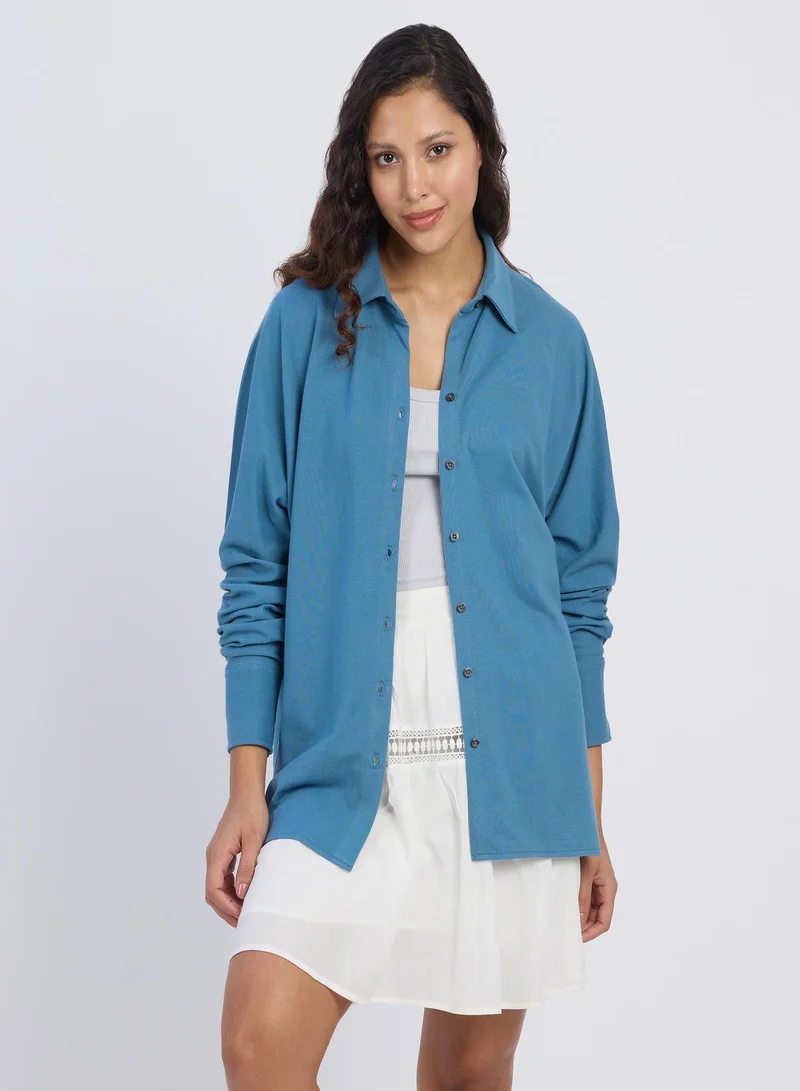PINACOLADA  Women's Azure Blue Solid Oversized Shirt | نساء | أكمام طويلة | سادة | طوق منتشر | كاجوال كبير الحجم | قميص for Women | Best Price UAE