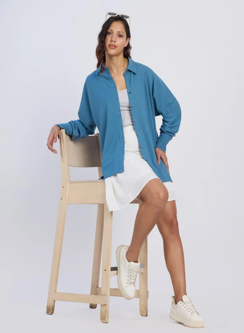 PINACOLADA  Women's Azure Blue Solid Oversized Shirt | نساء | أكمام طويلة | سادة | طوق منتشر | كاجوال كبير الحجم | قميص for Women | Best Price UAE