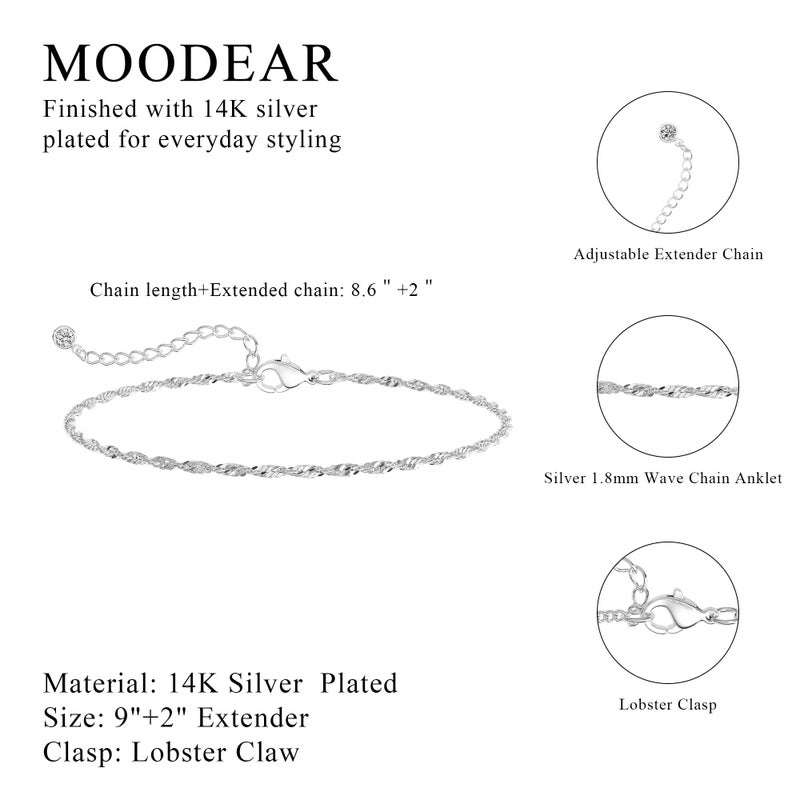 Moodear Ankle Bracelets for Women Trendy 14K Silver Plated Anklets for Women Waterproof Dainty Twist Chain Anklets Non Tarnish Summer Beach Adjustable Anklet Jewelry Gift - Image 5