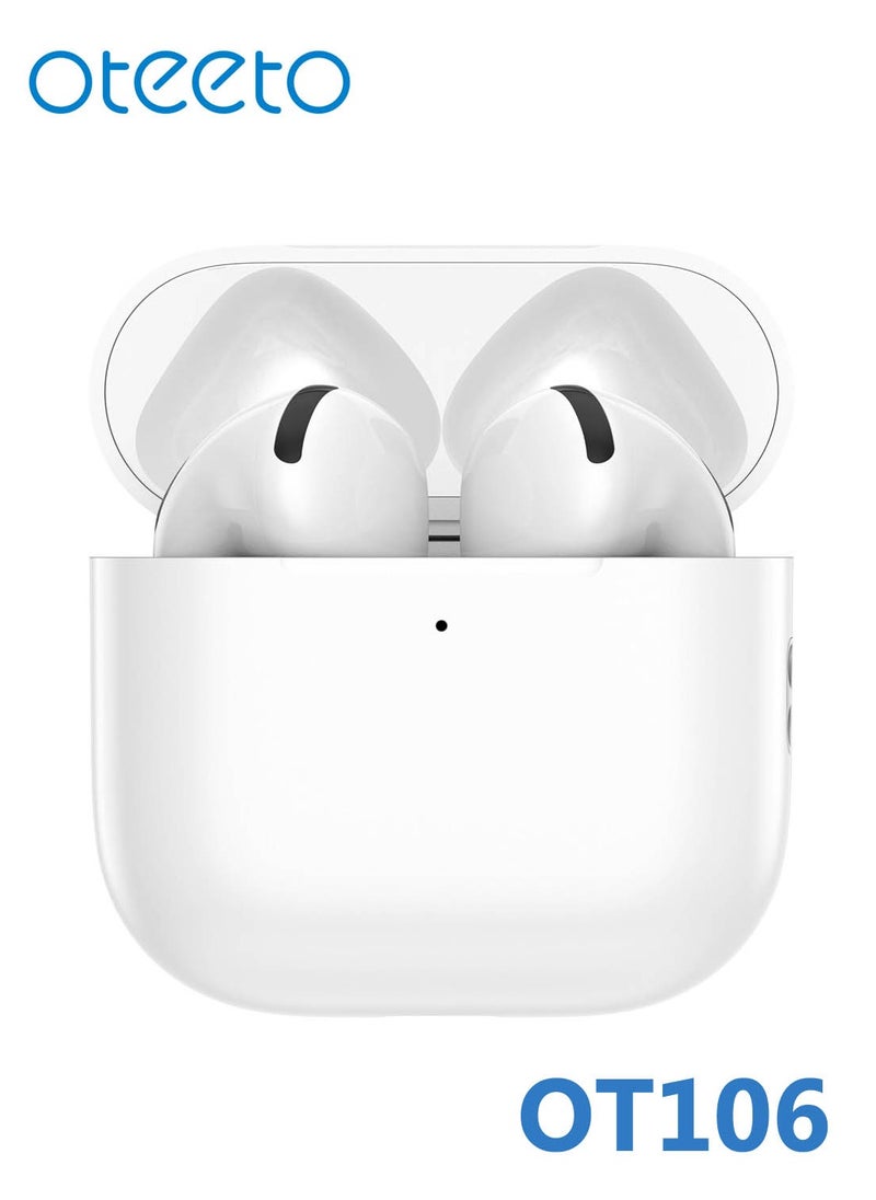 OT106 Wireless Bluetooth Earbuds with Bluetooth Version 5.3 Multi Functional Touch Control Microphone and Noise Cancellation Compatible With iPhones and iPads White
