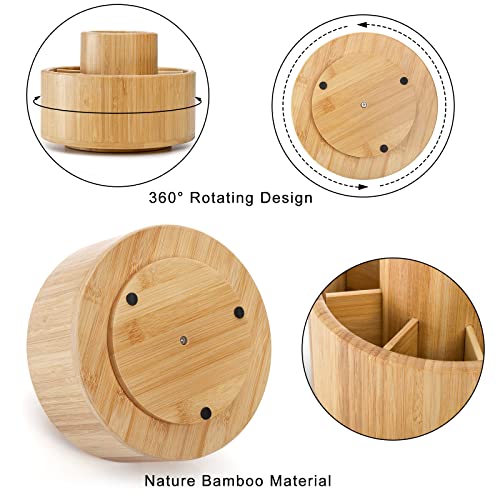 SOUJOY Bamboo Pen Holder Organizer, 360°Rotating Art Supply Organizer with 11 Compartments, Color Pencil Storage Caddy, Hold 200+ Pencils, Office Desk Stand Box for Marker Pens, Pencil, Art Brushes - Image 3