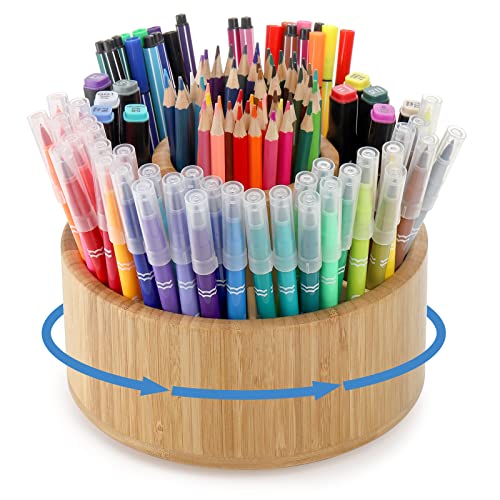 SOUJOY Bamboo Pen Holder Organizer, 360°Rotating Art Supply Organizer with 11 Compartments, Color Pencil Storage Caddy, Hold 200+ Pencils, Office Desk Stand Box for Marker Pens, Pencil, Art Brushes - Image 1