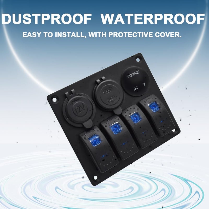 Garfour Marine Waterproof Boat Switch Panel Aluminium Panel with 12V Voltmeter Type-C and QC3.0 USB Charging Socket Rocker Witch Panel for Car Boat - Image 3