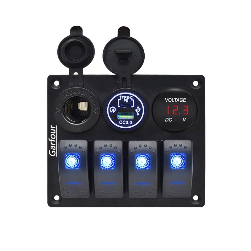 Garfour Marine Waterproof Boat Switch Panel Aluminium Panel with 12V Voltmeter Type-C and QC3.0 USB Charging Socket Rocker Witch Panel for Car Boat - Image 1