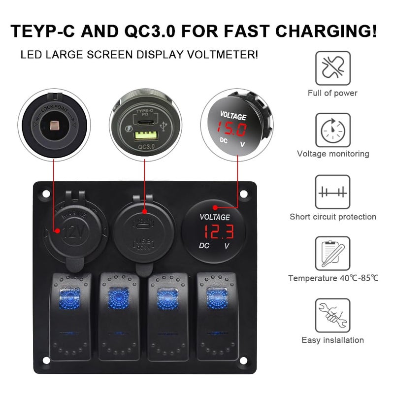 Garfour Marine Waterproof Boat Switch Panel Aluminium Panel with 12V Voltmeter Type-C and QC3.0 USB Charging Socket Rocker Witch Panel for Car Boat - Image 2