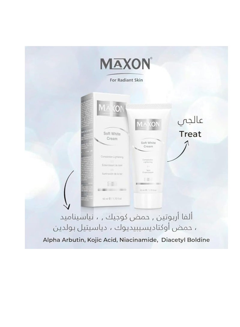 ماكس أون MAX-ON Soft White Beauty Cream 50ml - Dark Circle and Acne Removal, Skin Whitening for Face & Body - Nighttime Skincare with Alpha & Kojic Acid - Suitable for Men & Women - Image 2