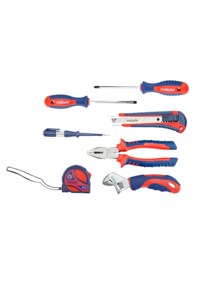 makute 7-Piece Hand Tools Set - Screwdrivers, Combination Pliers, Adjustable Wrench, Snap-Off Blade, Test Pencil, Steel Tape Measure for  Electrical Work General Maintenance Home Repairs and  more (MKHTS1007) - Image 1