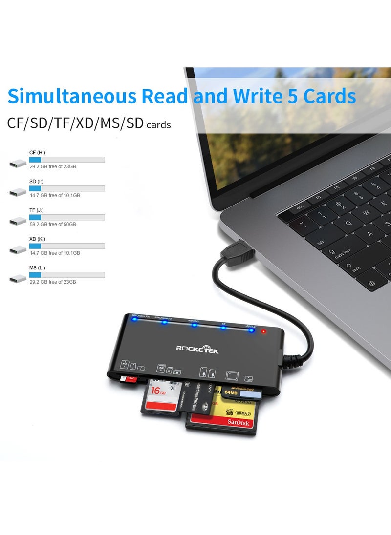 Rocketek - Rocketek Card Reader USB 3.0/Type-C , 7 in 1 Memory Card Reader, USB 3.0 (5Gbps) High Speed CF/SD/TF/XD/MS/Micro SD Card Solt All in one Card Reader for Windows XP/Vista/Mac OS/Linux,etc - Image 1