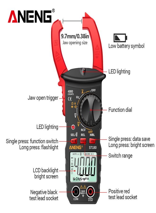 ANENG ST180 4000 Counts Digital Clamp Meter Multimeter Clamp Multimeter Voltmeter Ammeter AC DC Voltage AC Current Meter NCV Tester Universal Meter Tester Current Clamp Tester -30~1000℃ Temperature - Image 5