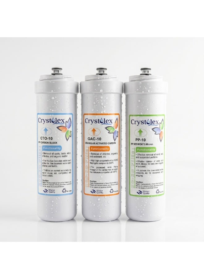 Crystolex (3 SETS Pre Filters) Crystolex 10” Bayonet Pre Filter Set for Crystal Pro & Deluxe Nova RO Water Purifiers | PP + GAC + CTO Cartridge Filters | Hygienic Easy Replace 9 Packs - Image 1