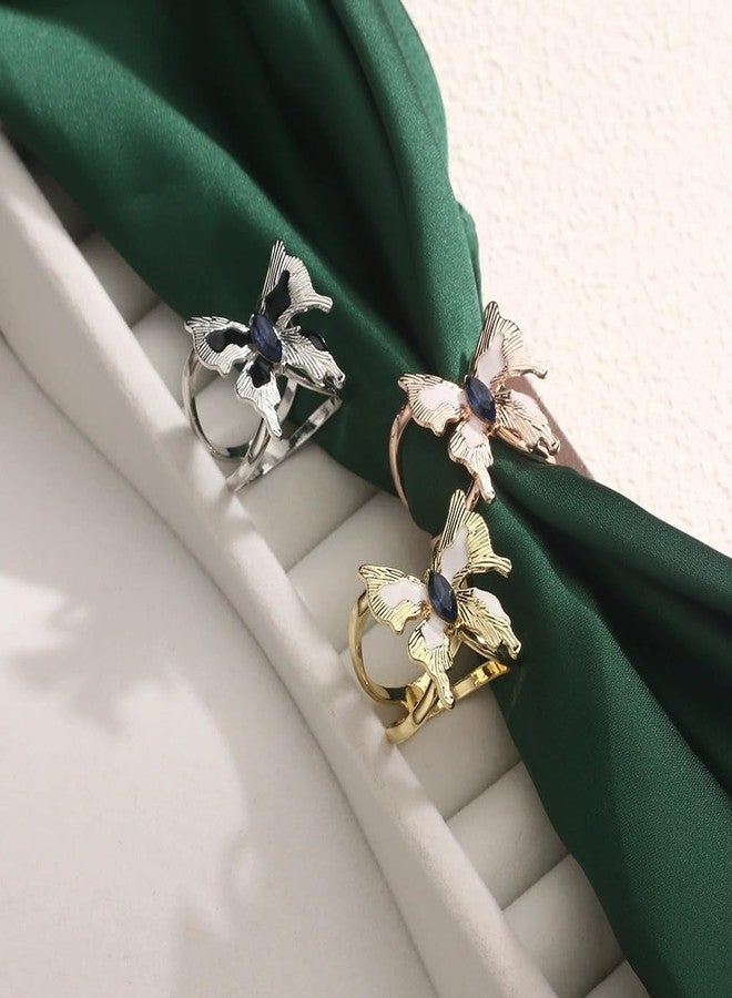 Dtja Blue CZ Butterfly Silk Scarf Ring Brooch for Women Dainty Crystal White Black Enamel Shawl Scarves Buckle Wrap Clasp Clip Rings Brooches Fashion Dress Accessories Jewelry (Rose Gold) - Image 3