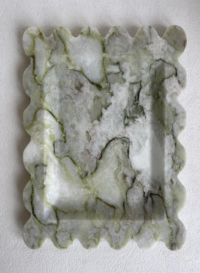 SAIDKOCC Vintage Natural Marble Tray Small Ornaments Scalloped Tray Handmade Storage Dish for Counter, Vanity, Dresser, Nightstand and Desk (Green Emerald) - Image 1