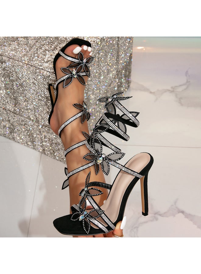 Snake-shaped Winding Strap Open-toe Rhinestone Bowknot Stiletto High Heel Sandals For Women