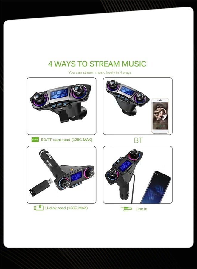 FM Transmitter Aux Modulator Car Kit - Bluetooth 5.0 Hands-Free MP3 Player with Dual USB Charger & Colorful Light - Image 3