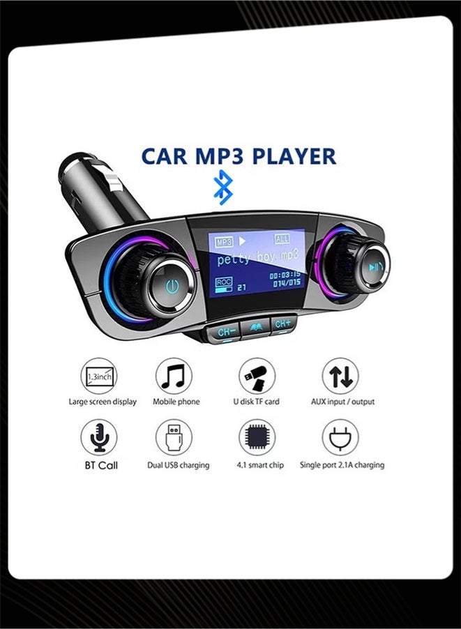 FM Transmitter Aux Modulator Car Kit - Bluetooth 5.0 Hands-Free MP3 Player with Dual USB Charger & Colorful Light - Image 2