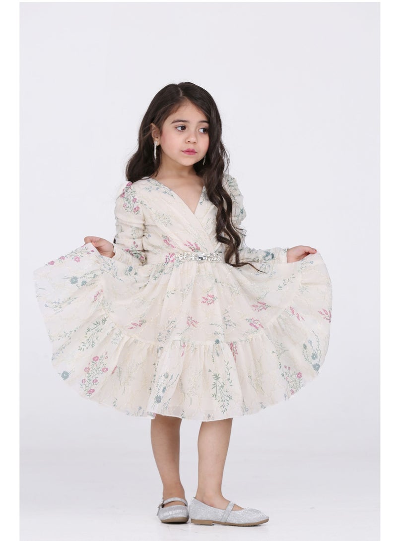 Modern Design Girls' evening dress with long sleeves and a belt at the waist. Your daughter deserves her elegant look full of femininity to be beautiful on all occasions with this dress made of the finest chiffon m  - Image 1