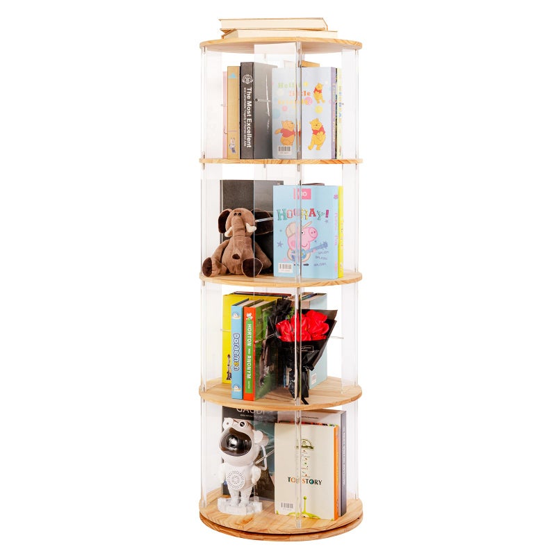 TAKEKIT 360Â° Rotating Bookshelf, 4-Tier Spinning Book Shelf Tower with Solid Wood & Clear Acrylic, Round Revolving Bookcase for Living Room, Bedroom and Office - Image 1