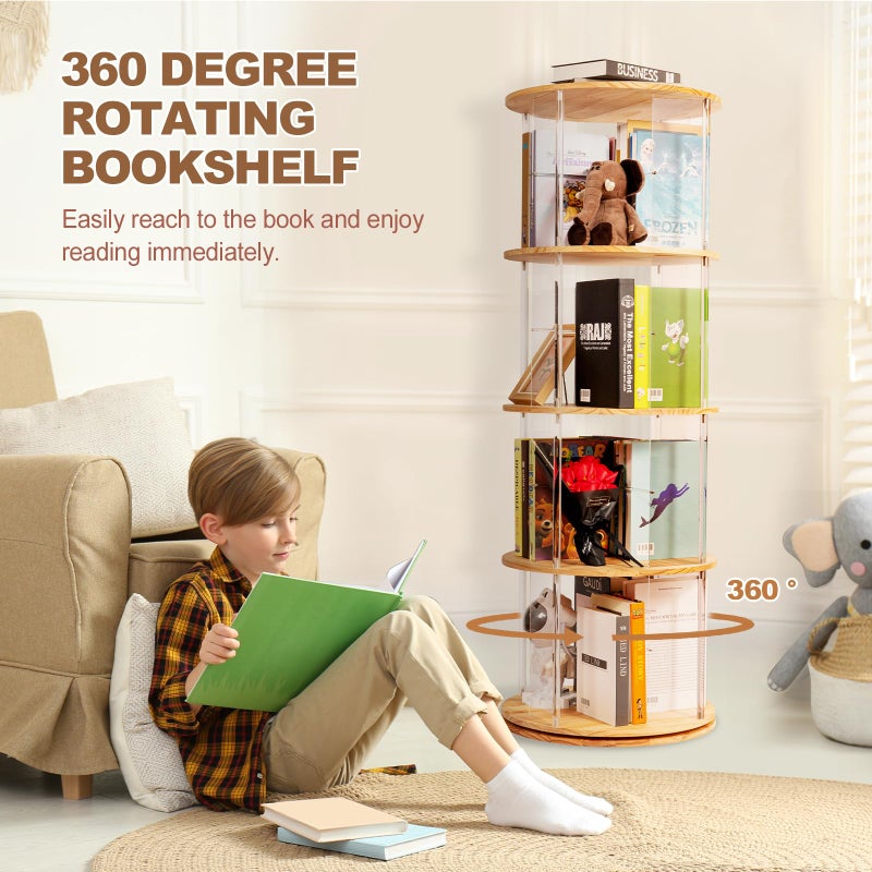 TAKEKIT 360Â° Rotating Bookshelf, 4-Tier Spinning Book Shelf Tower with Solid Wood & Clear Acrylic, Round Revolving Bookcase for Living Room, Bedroom and Office - Image 3