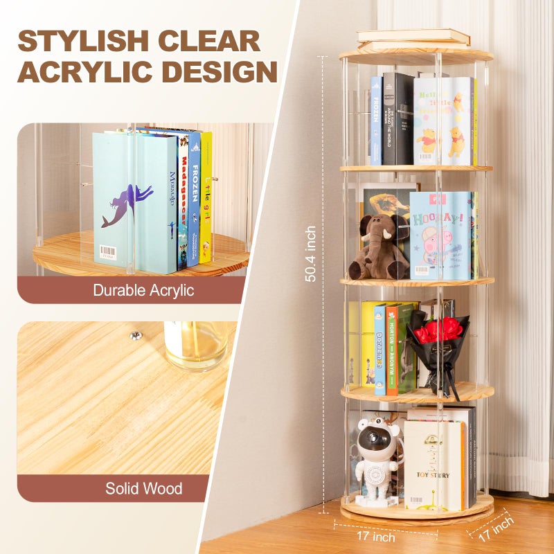 TAKEKIT 360Â° Rotating Bookshelf, 4-Tier Spinning Book Shelf Tower with Solid Wood & Clear Acrylic, Round Revolving Bookcase for Living Room, Bedroom and Office - Image 2