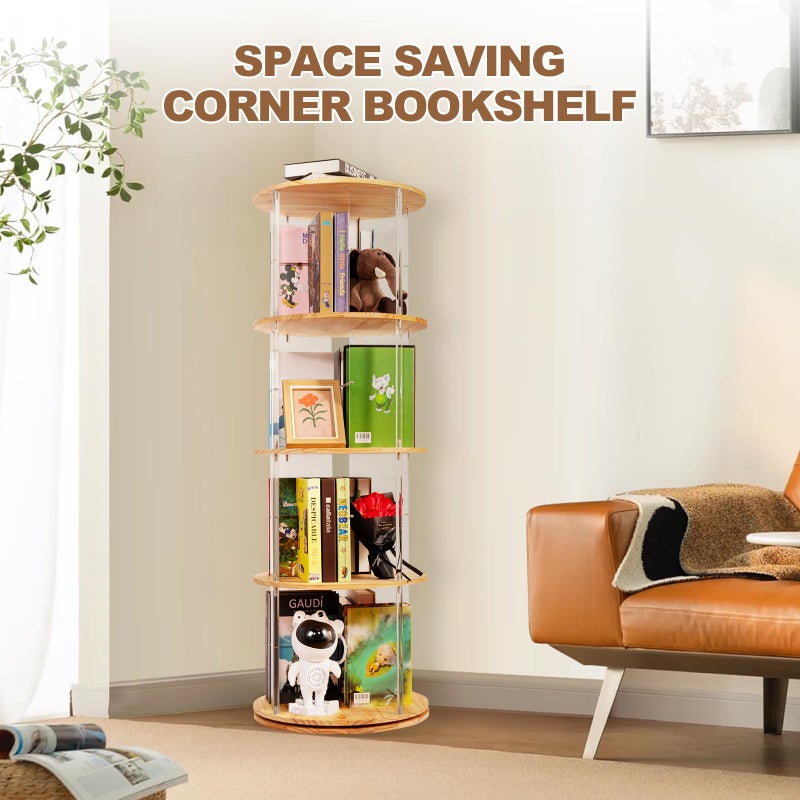 TAKEKIT 360Â° Rotating Bookshelf, 4-Tier Spinning Book Shelf Tower with Solid Wood & Clear Acrylic, Round Revolving Bookcase for Living Room, Bedroom and Office - Image 5
