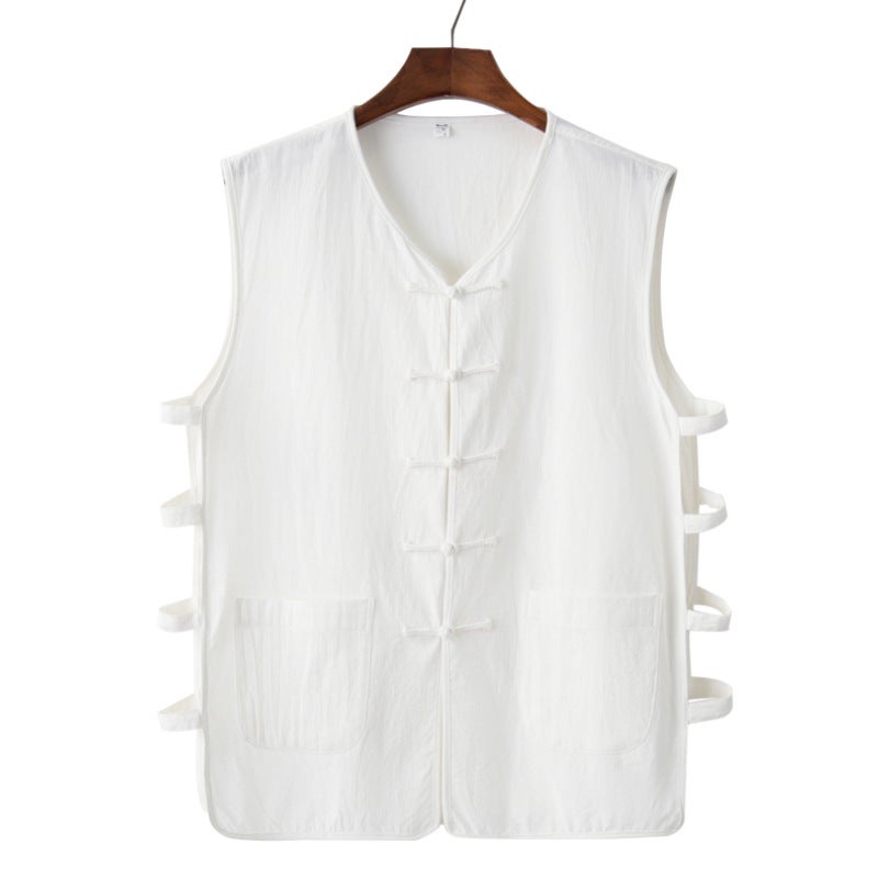 Summer Thin Cotton and Linen Chinese Vest Vest Mens Retro Buckle Grandpa Old Man Han Shirt Middle-aged and Old Dads Magma Jacket White  - Image 1