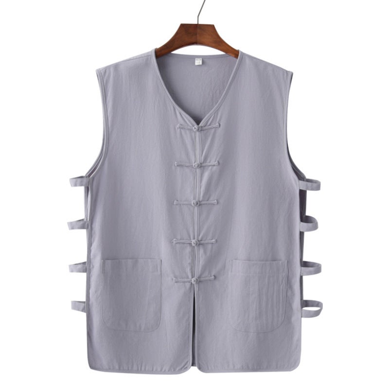 Summer Thin Cotton and Linen Chinese Vest Vest Mens Retro Buckle Grandpa Old Man Han Shirt Middle-aged and Old Dads Magma Jacket White  - Image 2