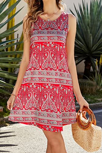 SimpleFun Womens Summer Dresses Casual Sundress Boho Geometric Loose A Line T Shirt Dress Red Print,M - Image 4