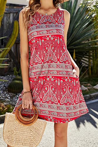 SimpleFun Womens Summer Dresses Casual Sundress Boho Geometric Loose A Line T Shirt Dress Red Print,M - Image 2