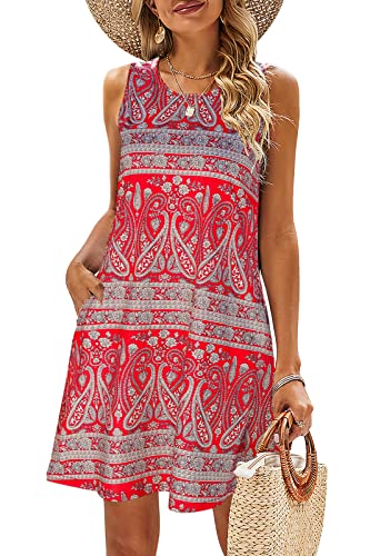 SimpleFun Womens Summer Dresses Casual Sundress Boho Geometric Loose A Line T Shirt Dress Red Print,M - Image 1