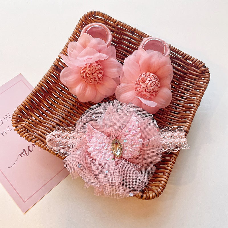 Generic Cute Newborn Socks and Headband Set Cartoon Korean Style Baby Accessories Pink flowers 