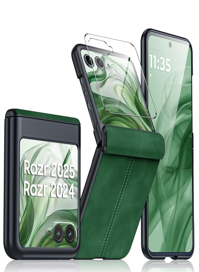 BSNRM for Motorola Razr 2024 Case/Razr 2025 Case, Built-in Screen Protector & Hinge Protection & Ultra Thin PU Leather Matte PC Shockproof Phone Cover Smartphone Case for Moto Razr 2024/2025(Green) - Image 1