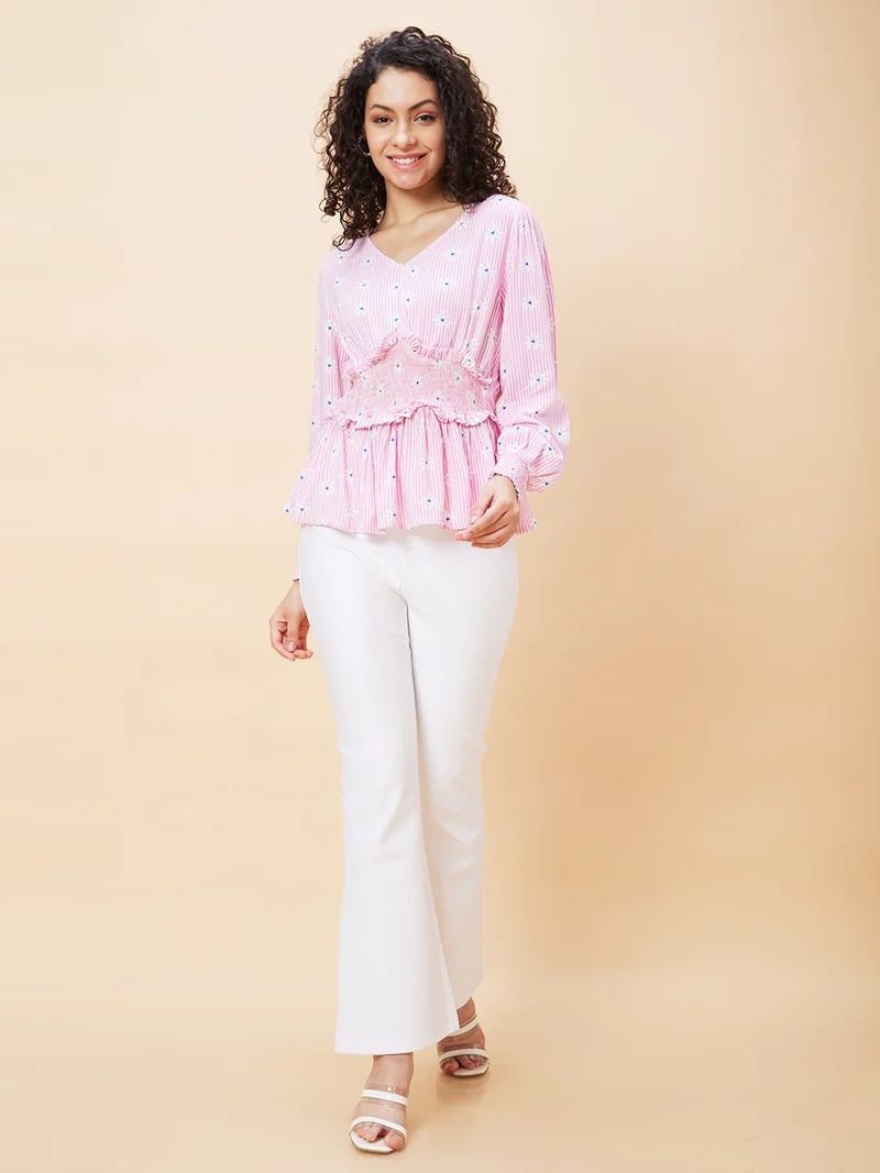 globus Women Striped Smocked Cuffed Sleeves Cinched Waist Top