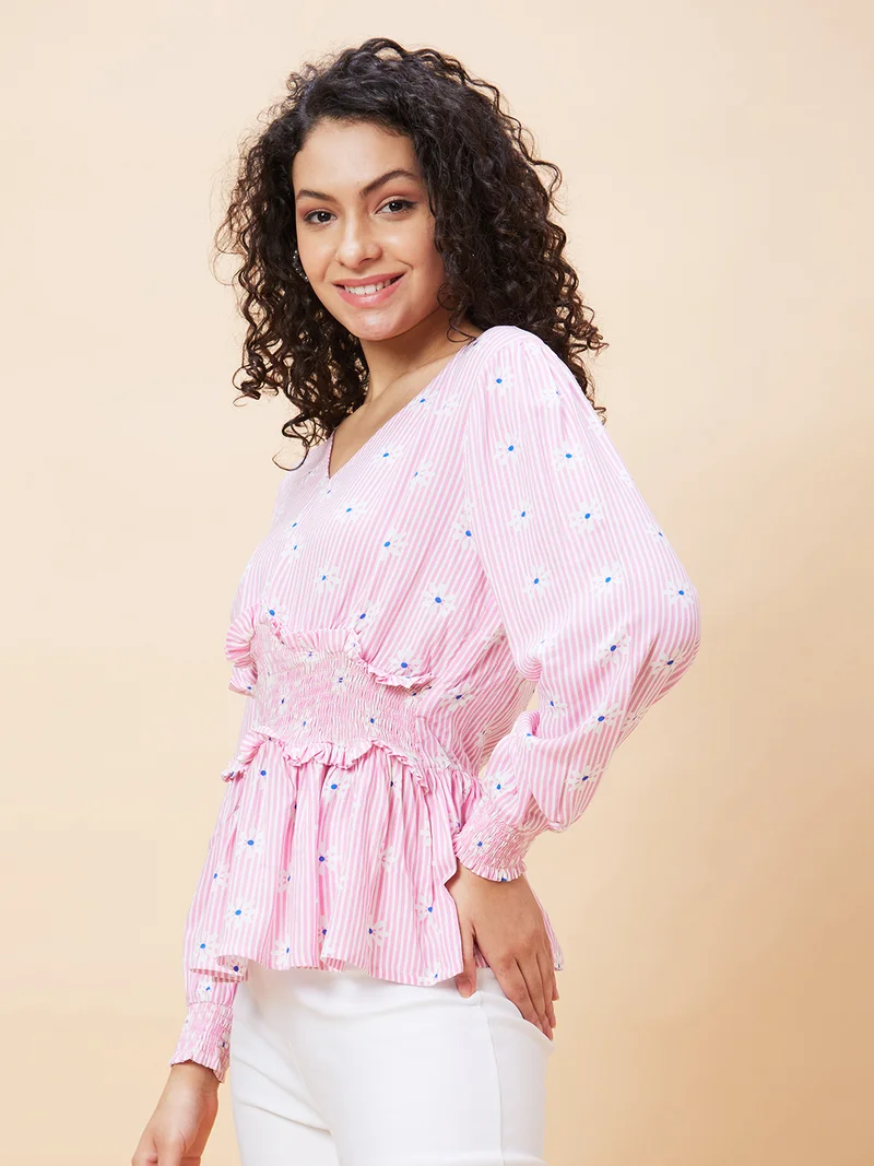 globus Women Striped Smocked Cuffed Sleeves Cinched Waist Top