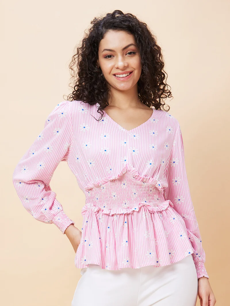globus Women Striped Smocked Cuffed Sleeves Cinched Waist Top