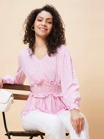 globus Women Striped Smocked Cuffed Sleeves Cinched Waist Top