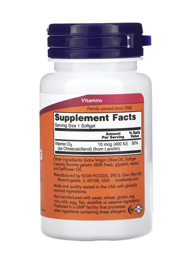 Now Foods Vitamin D3 400 Iu Dietary Supplement 180 Softgels - Image 2