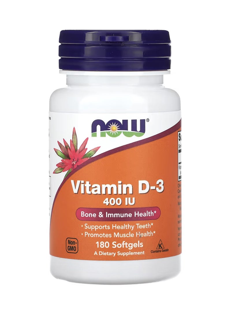Now Foods Vitamin D3 400 Iu Dietary Supplement 180 Softgels - Image 1