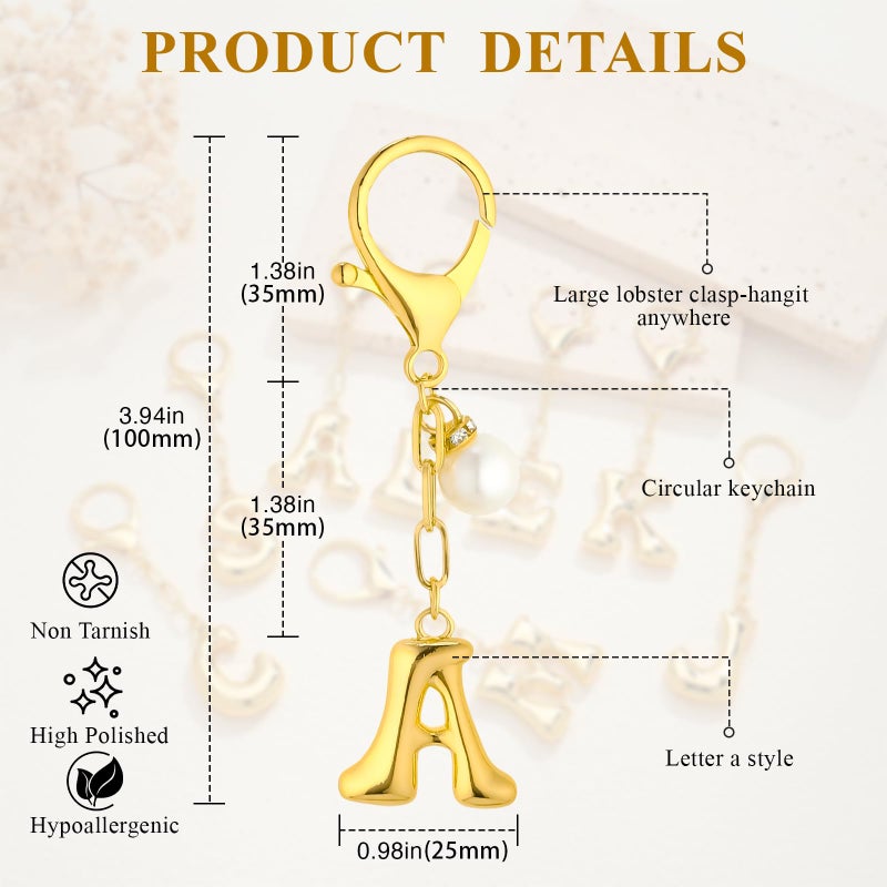 VICKHU Gold Plated Bubble Initial Letter Cute Keychain for Women Car Key Purse Decorative Keyring Handbag Charms Fashion (A, Gold-Pearl) - Image 2