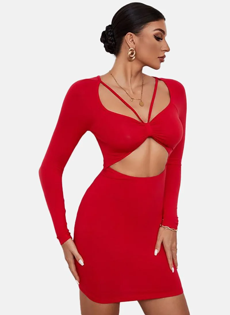 يونيكي Red Solid Long Sleeve Sweetheart Neck Mini Bodycon Dress