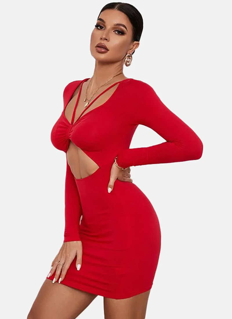 يونيكي Red Solid Long Sleeve Sweetheart Neck Mini Bodycon Dress